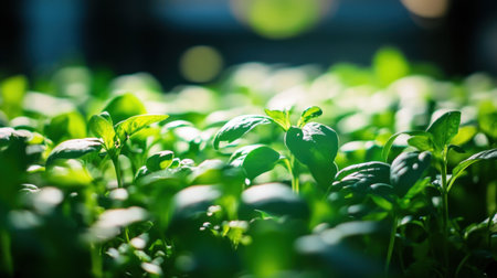 Fresh crops growing beneath solar panels, close-up highlighting agrivoltaics and modern eco-friendly agricultureの素材