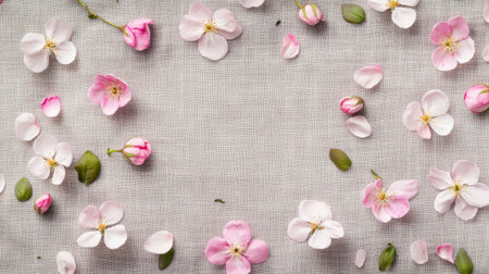 Thank you card on fabric background, surrounded by delicate floral details, clean space for a custom messageの素材