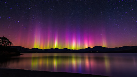 Starry sky with aurora borealis, mountains in distance, colorful northern lights over calm lakeの素材