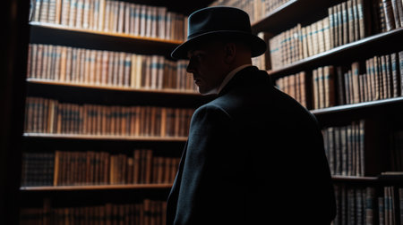 Shadowed secret agent in library, shelves of books behind, hat and coat giving noir mystery vibeの素材