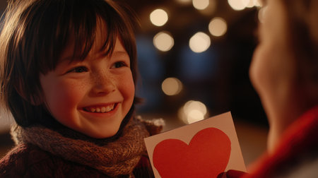 Smiling child giving a handmade Valentine card to a parent, capturing a heartfelt family moment on Valentine Dayの素材