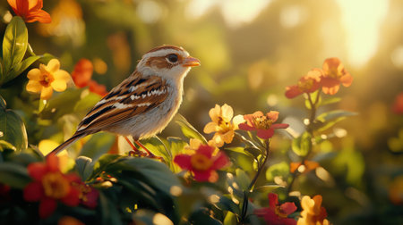 A cony bird, feathers gently fluffed, perched gracefully among vibrant flowers and lush greenery, chirping softly under a warm sunlight glowの素材