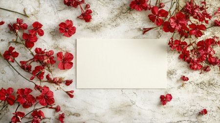 Thank you card on fabric background, surrounded by delicate floral details, clean space for a custom messageの素材