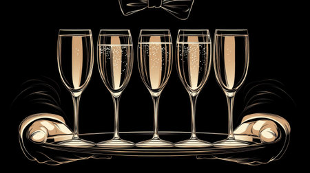 Tray with champagne glasses held by a waiter, ready for a luxury celebration in elegant restaurant settingの素材