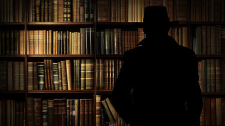 Library with man silhouette, dressed as spy with hat and coat, mysterious and moody lightingの素材