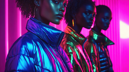 Iridescent fabrics in bold hues, creating reflective, futuristic designs that catch light for modern fashion looksの素材