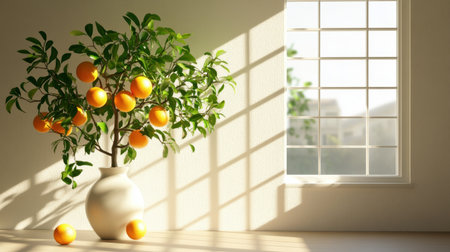 A sunlit orange tree in a minimalist vase by the window, casting gentle shadows and creating a sense of warmth and freshness in the roomの素材