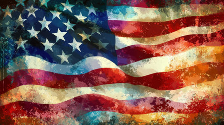 USA flag pattern with stars and stripes, repeated on multicolored background for a patriotic, American themeの素材