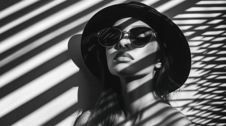 Woman in noir style by window, black and white with shadowed blinds creating classic mystery feelの素材