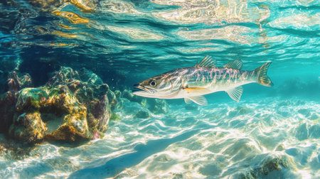 A snook fish glides gracefully in clear turquoise waters, its scales shimmering as sunlight dances across a nearby coral reefの素材