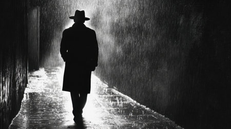 Mysterious man silhouette in rain, hat and trench coat, shadowy, sinister mood on dark city streetの素材