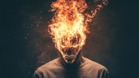 A person with their head seemingly engulfed in bright, fierce flames, representing intense passion or turmoil against a dark background.の素材