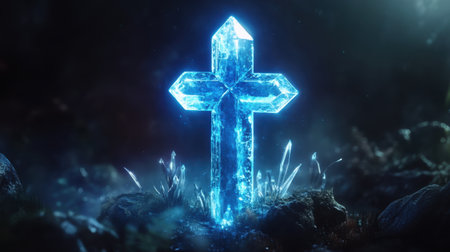 Blue crystal cross glowing in a dark setting, highlighting its fine details and artistic brilliance through moody lightingの素材
