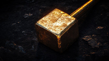 Artistic tilt-shift view of a golden mallet on black, with high contrast and dramatic lighting enhancing the mallet textureの素材