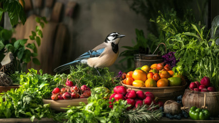 Canada Jay perched near an array of nature-inspired foods, fresh ingredients artfully arranged, inspiring culinary creativityの素材