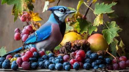 Captivating Canada Jay alongside an assortment of fruits and wild foods, evoking nature bounty in culinary styleの素材