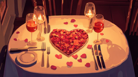 Vector illustration of Valentine dinner with candlelight, heart-shaped floral centerpiece, rose petals for romanceの素材