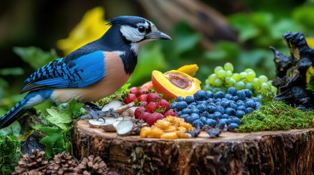 Close-up of Canada Jay with a beautiful spread of fresh ingredients, showcasing the artistry of nature in culinary formの素材