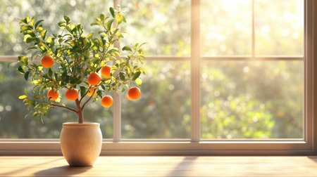 Bright room with sunlight streaming through a large window, illuminating a potted orange tree in a vase on a wooden tableの素材