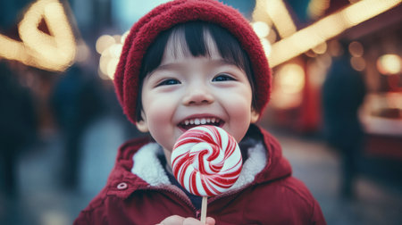 Christmas-themed toddler, smiling brightly while savoring a red-and-white swirled lollipop, festive cheer in every detailの素材