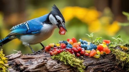 Canada Jay and vibrant ingredients form a scenic display, fusing wildlife photography with culinary inspirationの素材