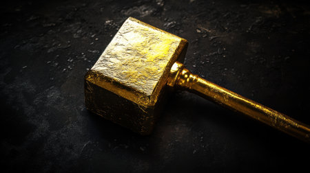 Artistic tilt-shift view of a golden mallet on black, with high contrast and dramatic lighting enhancing the mallet textureの素材