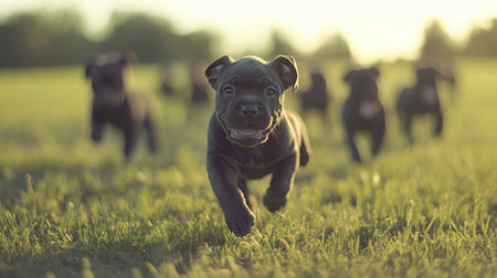 Cane Corso puppies frolicking in tilt-shift style, capturing joy and texture with a depth of field that brings focus to each detailの素材