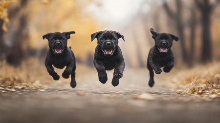 Cane Corso puppies frolicking in tilt-shift style, capturing joy and texture with a depth of field that brings focus to each detailの素材