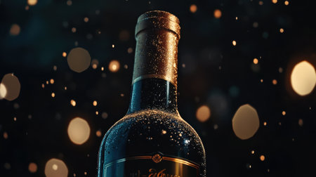 Wine bottle with cork, premium label design on dark background, illuminated by soft light for a refined, high-end aestheticの素材