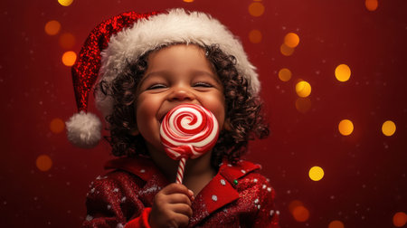Close-up of a toddler in a Christmas suit, happily licking a huge swirled lollipop, capturing pure holiday joyの素材