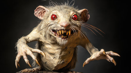Humanoid rat with a grotesque appearance, sharp claws and piercing red eyes, posing with a wicked grinの素材