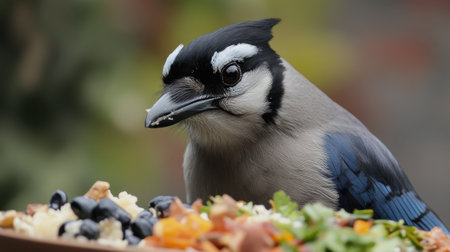 Close-up of Canada Jay with a beautiful spread of fresh ingredients, showcasing the artistry of nature in culinary formの素材