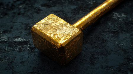 Close-up of a golden mallet on textured black, captured with tilt-shift effect to enhance artistic depth and contrastの素材