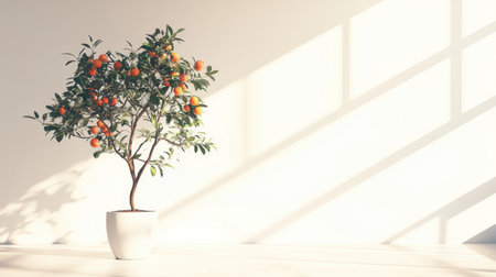 Elegant orange tree in a vase, radiant natural light filling the room, creating a serene and warm ambiance that celebrates nature indoorsの素材