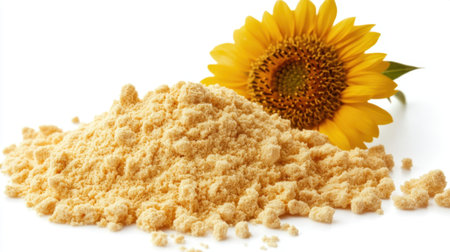 Bright yellow sunflower lecithin powder spills from a small heap on white background, with a sunflower blossom softly visible behindの素材