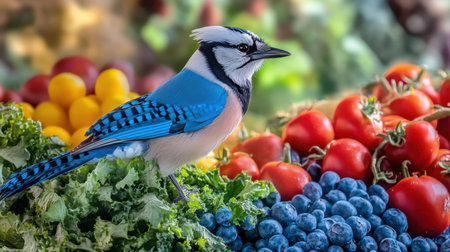 Canada Jay and vibrant ingredients form a scenic display, fusing wildlife photography with culinary inspirationの素材