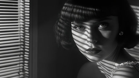 Woman in noir style by window, black and white with shadowed blinds creating classic mystery feelの素材