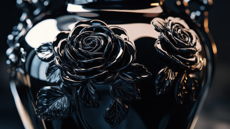 Glossy black floral vase with carved rose designs stands in soft lighting, its elegant pattern highlighting artistic craftsmanship.の素材