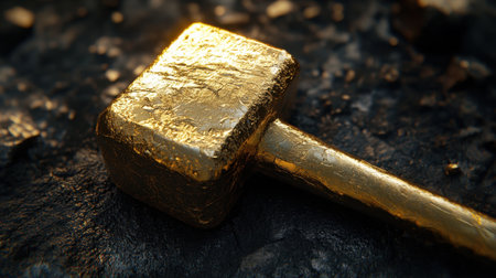 Close-up of a golden mallet on textured black, captured with tilt-shift effect to enhance artistic depth and contrastの素材