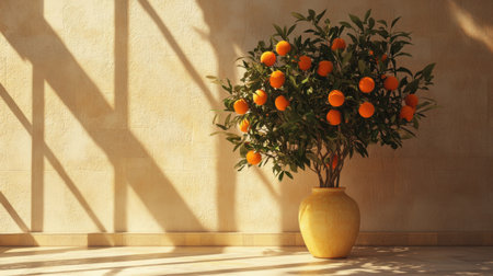 Elegant orange tree in a vase, radiant natural light filling the room, creating a serene and warm ambiance that celebrates nature indoorsの素材