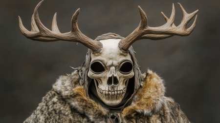 Majestic, powerful skull mask with large antlers and a fur cape, evoking an ancient and primal aestheticの素材