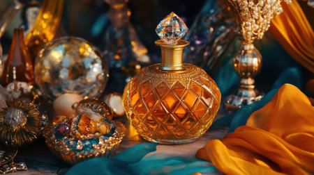 Luxurious setting with a gold tequila bottle surrounded by chic accessories, set against vibrant colors for a high-end lifestyle vibeの素材