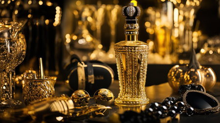 Fashion-forward scene featuring a gold tequila bottle and stylish accessories, evoking luxury and elegance in a trendy bar setupの素材