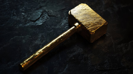 Golden mallet on a matte black background, with tilt-shift effect bringing sharp focus to the mallet metallic detailsの素材
