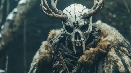 A primal skull mask with grand antlers and a fur cape, exuding ancient energy and natural wisdomの素材