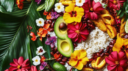 Caribbean-inspired dish with rice, beans, plantains, avocado, and tropical flowers, radiating vibrant festive appealの素材