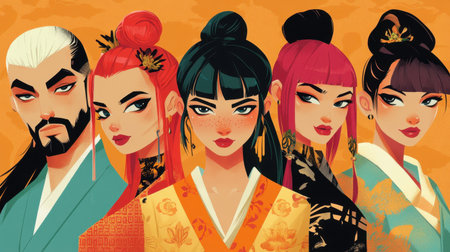 Stylish anime poster featuring kawaii characters in a Japanese cartoon style, with bold colors and expressive facesの素材