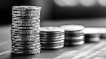 Coin stack beside TAX word on a clean backdrop, reflecting financial planning and tax preparation essentialsの素材