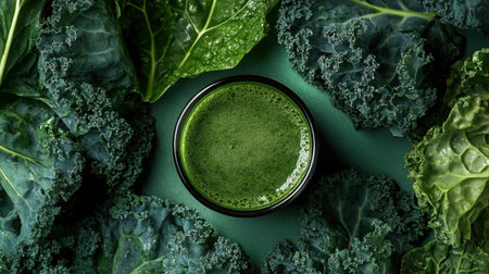 A glass of vibrant green kale juice, placed among fresh kale leaves, exudes health and freshness.の素材