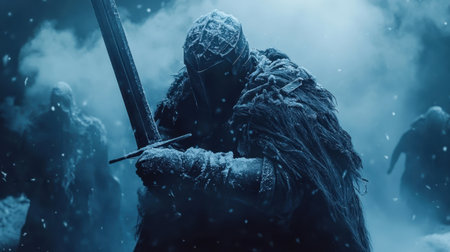 Icy-armored knight with a glowing blade battles through dense fog and shadowy figures, creating an ethereal fantasy scene.の素材